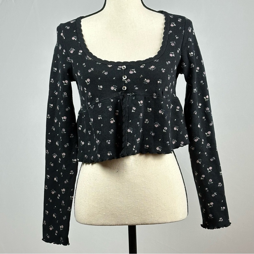 Kirous black waffle mini floral print shirt - size xl